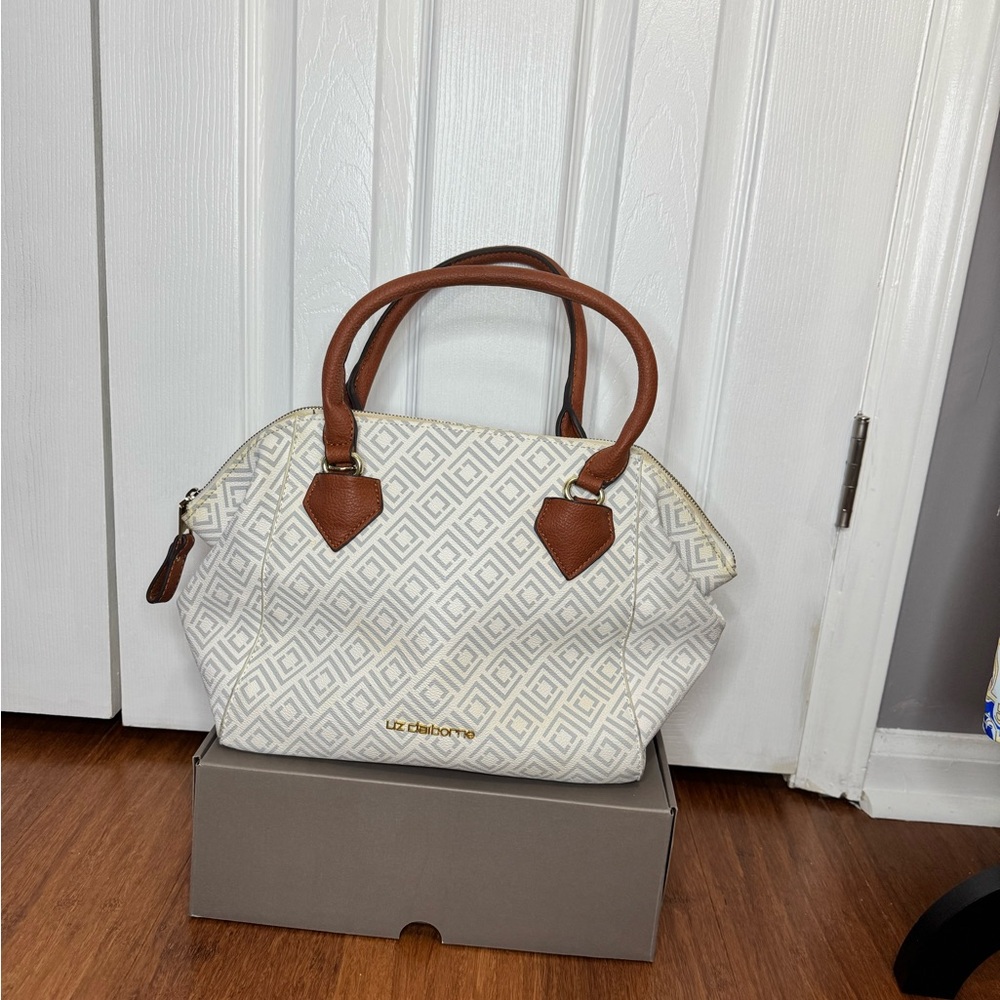 Liz Claiborne Geometric White and Tan Satchel